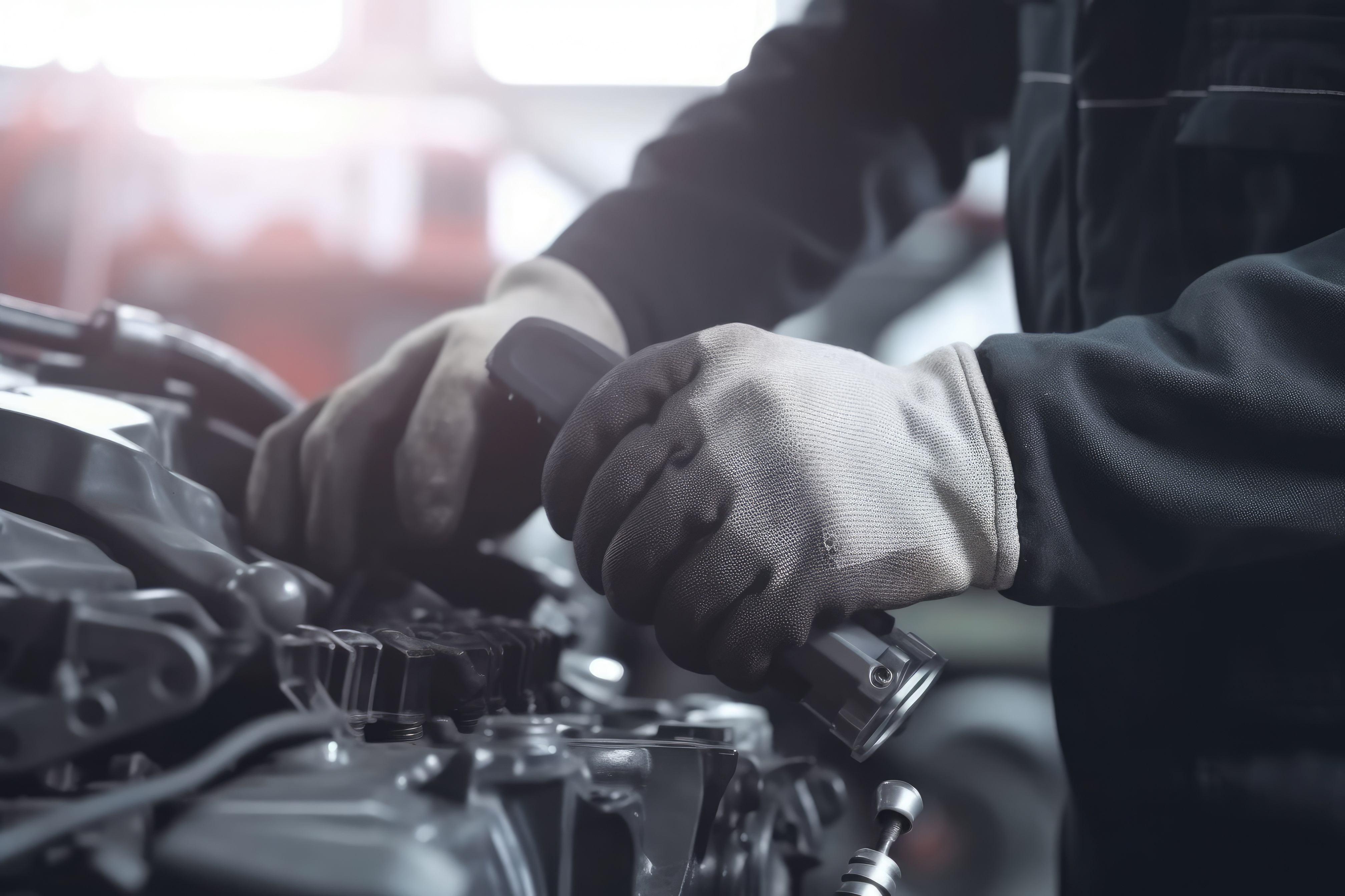 Car mechanic wearing gloves using wrench while working on car, C